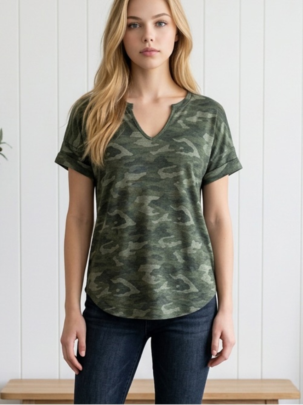 a.n.a Olive Green Camouflage V-Neck Short Sleeve Tee
